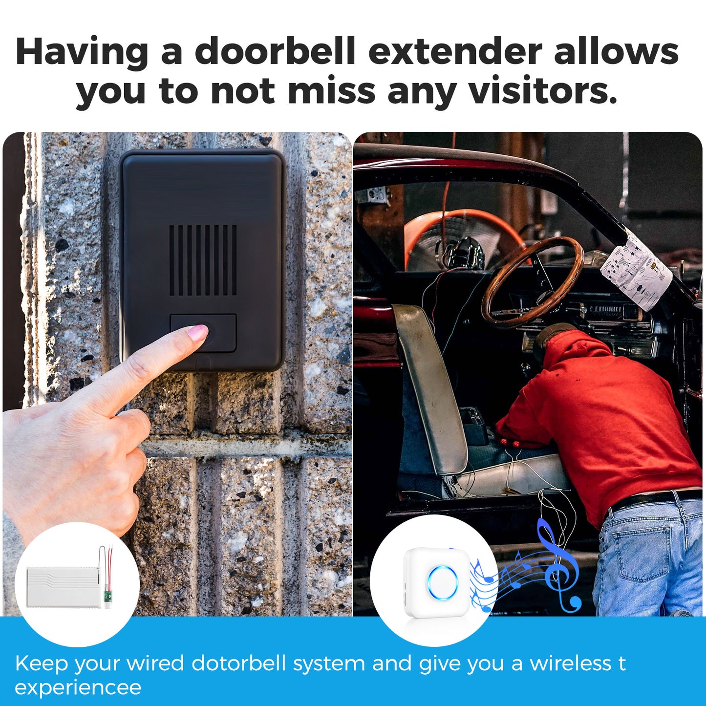 BestHomeSecuritys Wireless Doorbell Extender – Convert Hardwired Doorbell to Wireless System | 656FT Range, 58 Chimes, 5 Volume Levels | Compatible with Video Doorbells