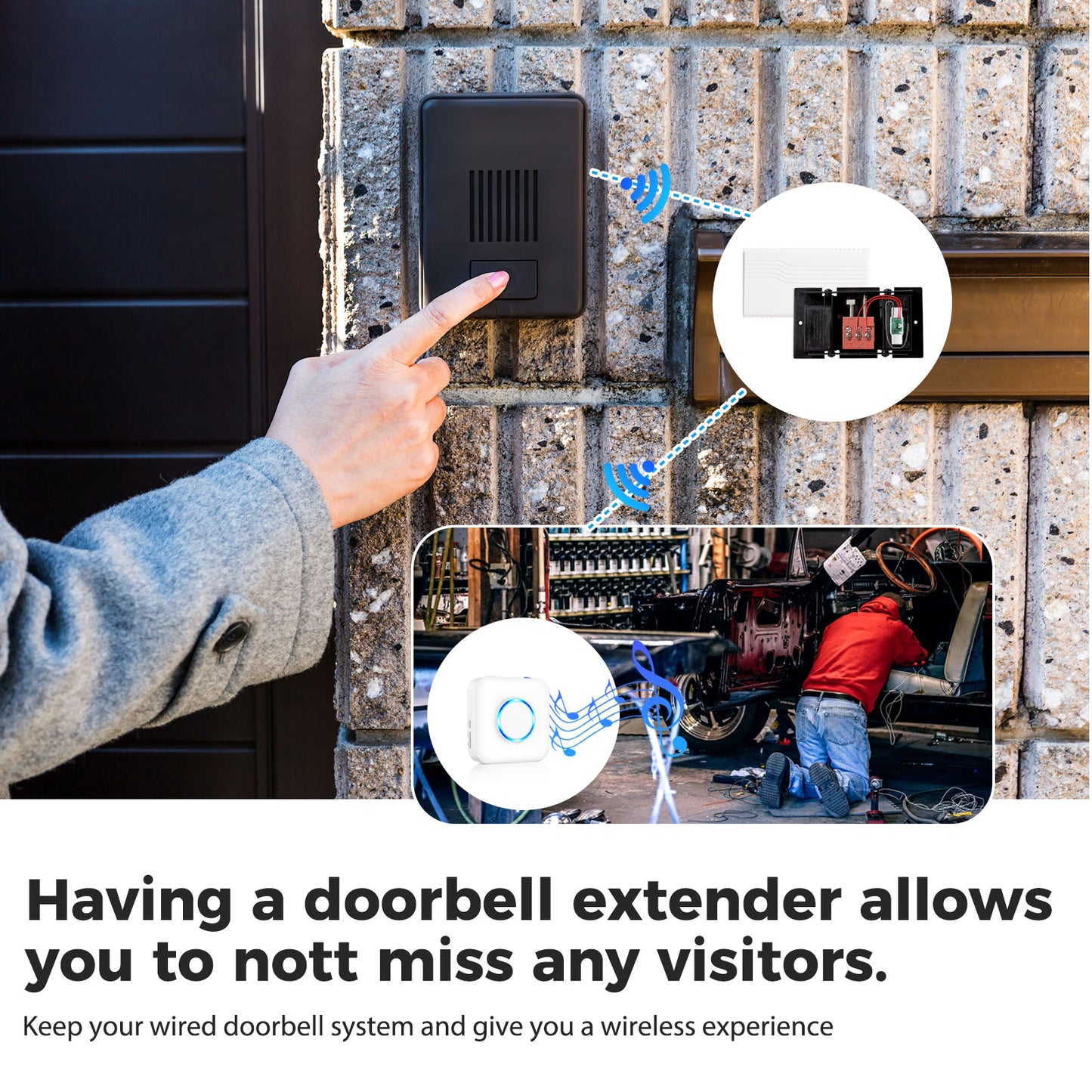 BestHomeSecuritys Wireless Doorbell Extender – Convert Hardwired Doorbell to Wireless System | 656FT Range, 58 Chimes, 5 Volume Levels | Compatible with Video Doorbells